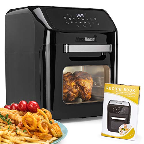 MaxxHome Multifunktionaler Heißluftfritteuse Schwarz - 1600W Küchen-Heißluftfritteuse mit digitalem Display - 12L Aero Fritteuse mit Temperaturregler - XXL Ungiftige ßluftfritteuse mit Zubehör & Buch von MaxxHome