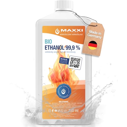 Maxxi Clean | 750 ml Bioethanol für Tischkamine | Made in Germany | geruchsneutral und rußfrei bei Indoor,- und Outdoor Ethanol-Kaminen | geeignet für Raum,- und Gartenfeuer mit Alkohol-Kamin von Maxxi Clean