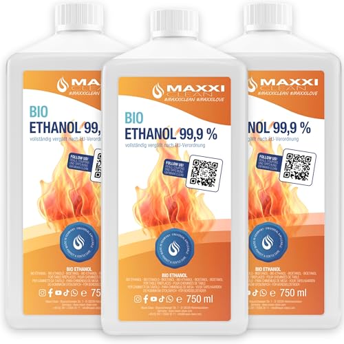 Maxxi Clean | 3X 750 ml Bioethanol für Tischkamine | Made in Germany | geruchsneutral und rußfrei bei Indoor,- und Outdoor Ethanol-Kaminen | geeignet für Raum,- und Gartenfeuer mit Alkohol-Kamin von Maxxi Clean