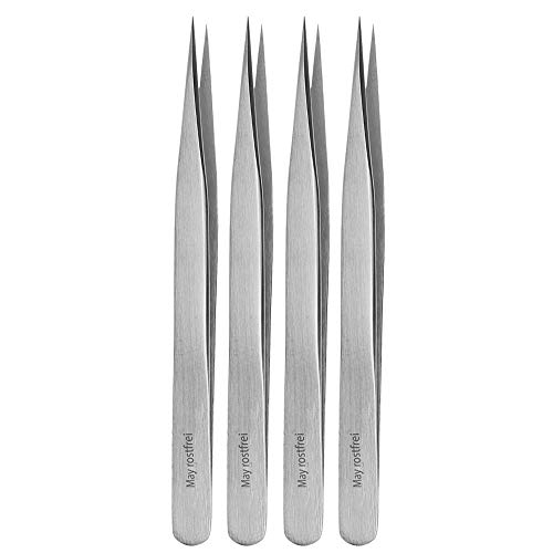 May - 4x Technische Pinzette spitz - Modellbau Pinzette - Uhrmacherpinzette - Elektriker Pinzette - Feinmechaniker Pinzette - Edelstahl von May