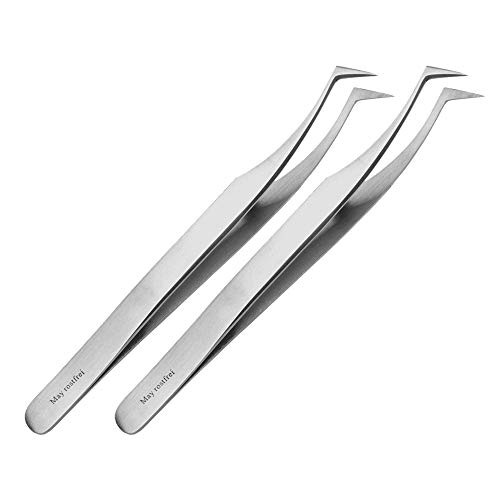 May - Set 2x technische Pinzette gebogen und spitz - Modellbau Pinzette - Uhrmacherpinzette - Elektriker Pinzette - Feinmechaniker Pinzette - Edelstahl von May