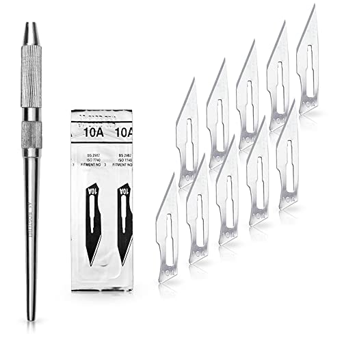 May Set Bastelmesser mit Hobby-Skalpellgriff aus Edelstahl und 10 Stück Ersatzklingen Figur 10A aus Karbonstahl von May