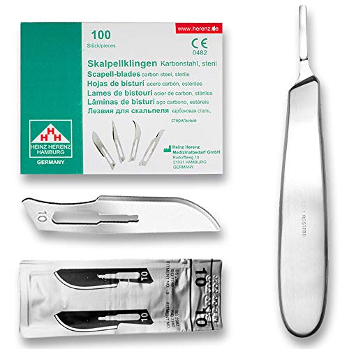 Set - 100 Stück Skalpellklingen Figur 10 aus Karbonstahl - Ersatzklingen einzeln steril verpackt + 1 x May - Skalpell-Halter mit 13,5 cm langem und bauchigen Griff - Edelstahl Set - 100 Stück Skalpellklingen Figur 10 aus Karbonstahl - Ersatzklingen einzeln steril verpackt + 1 x May - Skalpell-Halter mit 13,5 cm langem und bauchigen Griff - Edelstahl von May