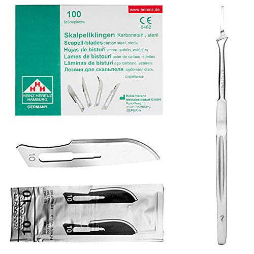 Set - 100 Stück Skalpellklingen Figur 10 aus Karbonstahl - Ersatzklingen einzeln steril verpackt + 1 x May - Skalpell-Halter mit 16 cm langem Griff - Edelstahl von May