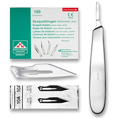 May Set 100 Stück Skalpellklingen Figur 10A aus Karbonstahl Ersatzklingen einzeln steril verpackt + 1 x Skalpellhalter mit 13,5 cm langem und bauchigen Griff aus Edelstahl von May