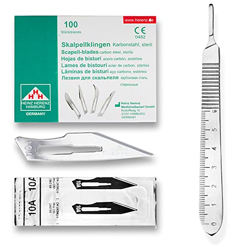 Set - 100 Stück Skalpellklingen Figur 10A aus Karbonstahl - Ersatzklingen einzeln steril verpackt + 1 x May - Skalpell-Halter mit 13 cm langem Griff mit Meßskala in cm - Edelstahl Set - 100 Stück Skalpellklingen Figur 10A aus Karbonstahl - Ersatzklingen einzeln steril verpackt + 1 x May - Skalpell-Halter mit 13 cm langem Griff mit Meßskala in cm - Edelstahl von May