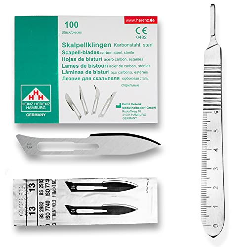 Set - 100 Stück Skalpellklingen Figur 13 aus Karbonstahl - Ersatzklingen einzeln steril verpackt + 1 x May - Skalpell-Halter mit 13 cm langem Griff mit Meßskala in cm - Edelstahl von May