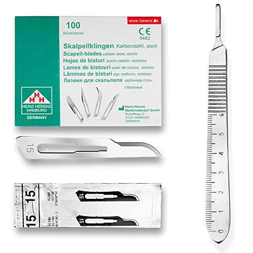 Set - 100 Stück Skalpellklingen Figur 15 aus Karbonstahl - Ersatzklingen einzeln steril verpackt + 1 x May - Skalpell-Halter mit 13 cm langem Griff mit Meßskala in cm - Edelstahl Set - 100 Stück Skalpellklingen Figur 15 aus Karbonstahl - Ersatzklingen einzeln steril verpackt + 1 x May - Skalpell-Halter mit 13 cm langem Griff mit Meßskala in cm - Edelstahl von May