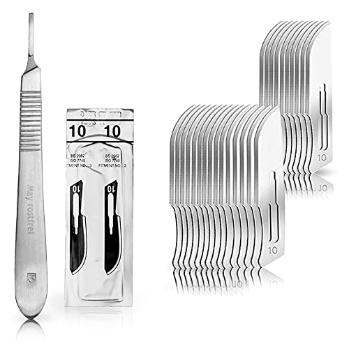 May Skalpell Set – 25 Sterile Skalpellklingen Figur 10 aus Karbonstahl, einzeln verpackt – Inkl. Edelstahl Skalpellhalter Nr. 3 – Präzisions Einwegklingen für Basteln, Modellbau & Fußpflege von May