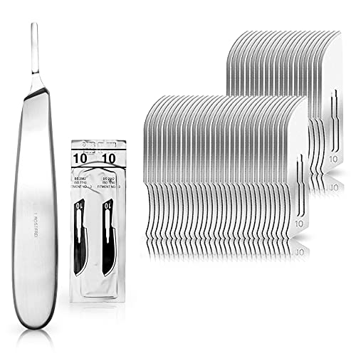 Set - 50 Stück Skalpellklingen Figur 10 aus Karbonstahl - Ersatzklingen einzeln steril verpackt + 1 x May - Skalpell-Halter mit 13,5 cm langem und bauchigem Griff - Edelstahl von May