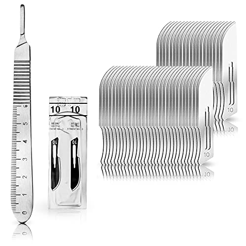 Set - 50 Stück Skalpellklingen Figur 10 aus Karbonstahl - Ersatzklingen einzeln steril verpackt + 1 x May - Skalpell-Halter mit 13 cm langem Griff inkl. Meßskala in cm - Edelstahl von May