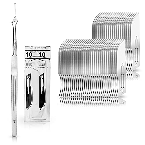 Set - 50 Stück Skalpellklingen Figur 10 aus Karbonstahl - Ersatzklingen einzeln steril verpackt + 1 x May - Skalpell-Halter mit 16 cm langem Griff - Edelstahl von May