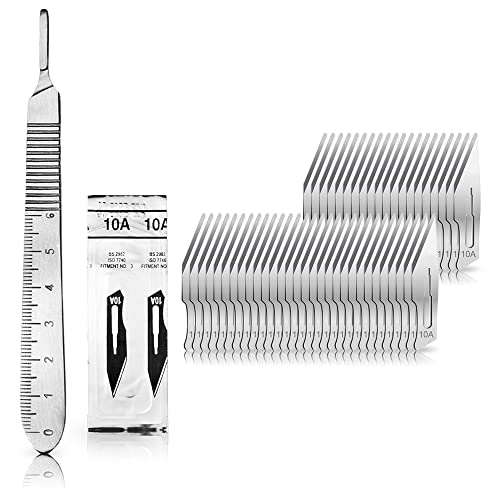 Set - 50 Stück Skalpellklingen Figur 10A aus Karbonstahl - Ersatzklingen einzeln steril verpackt + 1 x May - Skalpell-Halter mit 13 cm langem Griff inkl. Meßskala in cm - Edelstahl von May