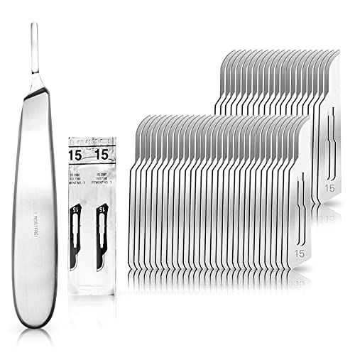 Set - 50 Stück Skalpellklingen Figur 15 aus Karbonstahl - Ersatzklingen einzeln steril verpackt + 1 x May - Skalpell-Halter mit 13,5 cm langem und bauchigem Griff - Edelstahl von May