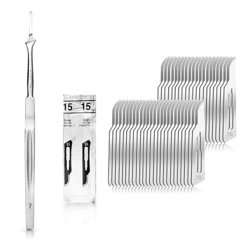 Set - 50 Stück Skalpellklingen Figur 15 aus Karbonstahl - Ersatzklingen einzeln steril verpackt + 1 x May - Skalpell-Halter mit 16 cm langem Griff - Edelstahl von May
