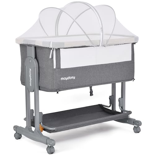 Maydolly Baby Beistellbett,3 in 1Kinderbett，Babybetten Bedside Sleeper mit Lagerung Matratze und Räder, 7 höhenverstellbar Folding leicht tragbare Krippe für Kleinkind Neugeborenen (grau) von Maydolly