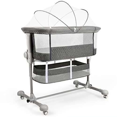 Maydolly Baby Beistellbett Babybetten 3-in-1 Reisebett Babybett mit weich Matratze und Moskitonetz verstellbares und tragbares Zustellbett für Kleinkinder Grau von Maydolly