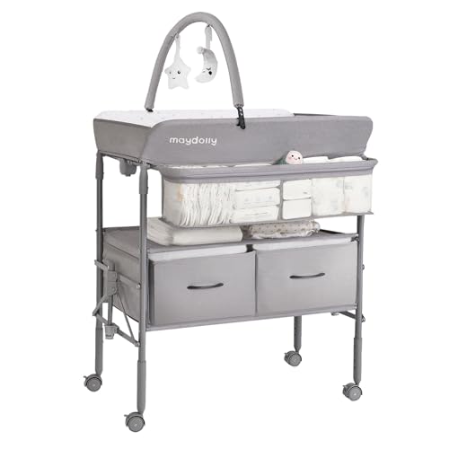 Maydolly Wickeltisch klappbar & höhenverstellbar, mobiler Wickeltisch mit Rollen, 2 Ablagekörben & wasserdichter Wickelauflage, grau – bis 15 kg von Maydolly