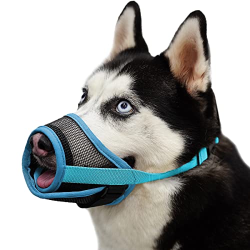 Mayerzon Maulkorb für Hunde, mit verstellbarem Klettverschluss, um Beißen, Bellen und Kauen zu verhindern, Luftnetz, atmungsaktiv, für kleine, mittelgroße und große Hunde (Blue, XL) von Mayerzon