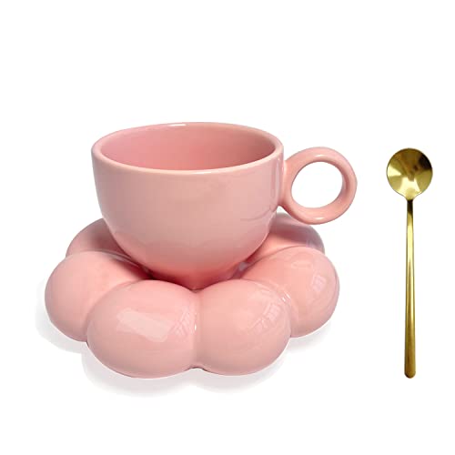 Maygone Rosa Keramik Kaffeetasse mit passendem Untertassen-Set Blumenteller Löffel Set Kaffee Tee Milch für sie Mama Geschenk (Rosa) von Maygone