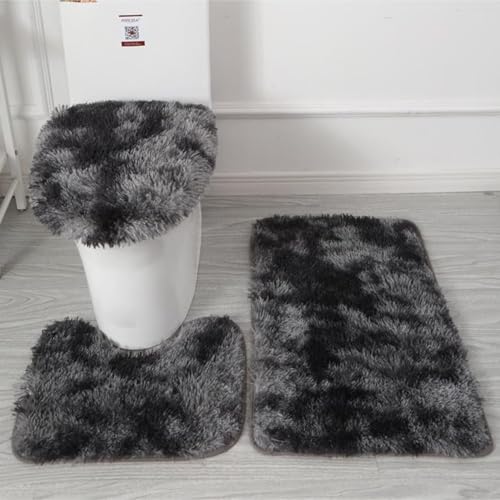 Weiche Mikrofaser-Badteppich-Set, 3-teilig, flauschiger Badteppich + Konturmatte + WC-Sitzbezug, rutschfeste Badezimmerteppiche mit PVC-Punkt-Flanell-Rückseite, wasserabsorbierende Badematte (Schwarz von Mayhug