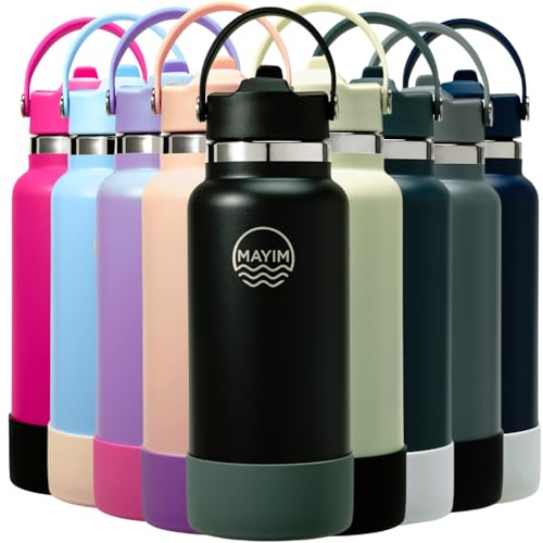 Mayim Sport-Trinkflasche mit Trinkhalm, auslaufsicherer Edelstahlbecher mit Griff, auslaufsichere Thermoskanne oder Wasserkrug für Fitnessstudio, Zuhause oder Büro, 900 ml, Schwarz von Mayim