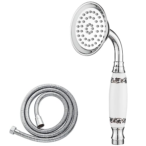 Maynosi Handbrause Retro, Nostalgie Duschkopf mit Keramikgriff, Duschkopf mit Brauseschlauch und Teflonband, Metall Handbrause, Ersatz Regendusche, Keramik mit Muster, Chrom-B von Maynosi