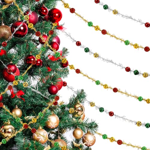 Maysing 2 Stück 2,7 m lange Weihnachtsperlen Lametta-Girlande, metallisch glänzende Perlen-Girlande, Lametta, Silber und Gold, gedrehte hängende Dekorationen für Weihnachtsbaumschmuck, Hochzeit von Maysing
