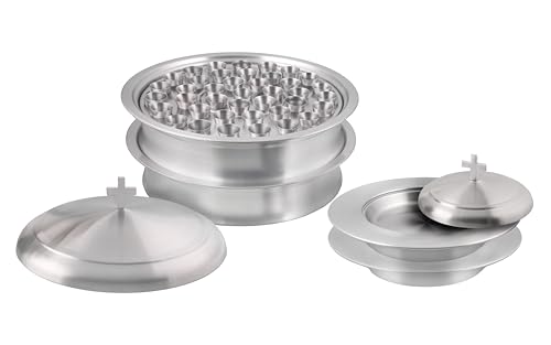 Mayur Exports Kommuniongeschirr-Kirchenset | Stapelbar, 2 Kommuniontabletts mit Deckel und 2 Brotteller mit Deckel, 80 Becher enthalten | Ideal für Kirchen | Edelstahl – Satiniertes (Mattes) Finish von Mayur Exports