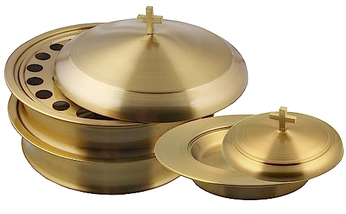 Communion Ware Serviertabletts mit Deckel und 1 stapelbarer Brotplatte mit Deckel, Edelstahl (Messing/Gold) von Mayur Exports