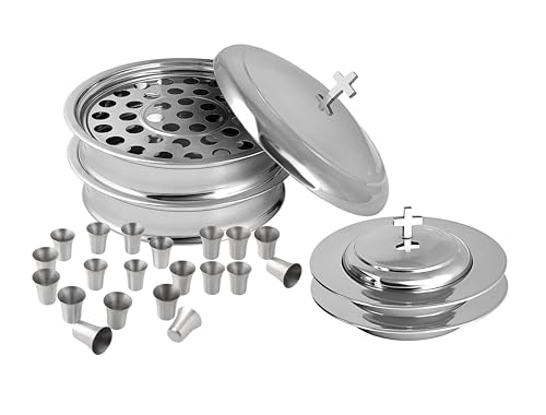 Kommuniongeschirr-Set für die Kirche | Stapelbar, 2 Kommuniontabletts mit Deckel und 2 Brotteller mit Deckel, 80 Becher enthalten | Ideal für Kirchen | Edelstahl – glänzendes (spiegelglattes) Finish von Mayur Exports