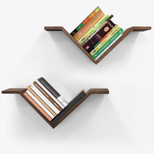 Mazjoaru Bücherregal Wandregal Holz 2er Set Wildgans-förmiges Design Schweberegale Modern V-Form Wand Dekor Regale für Schlafzimmer Wohnzimmer Kinderzimmer Braun von Mazjoaru