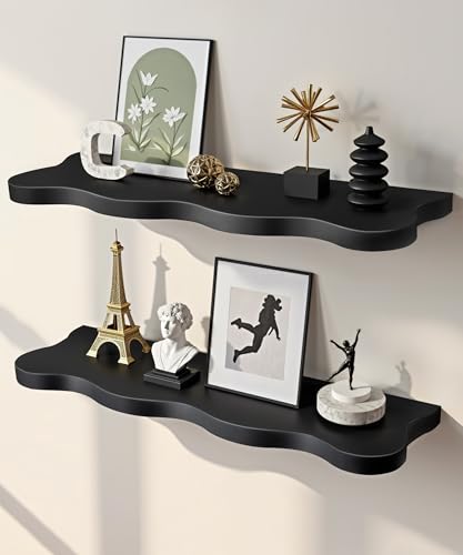 Mazjoaru Wandregal Schwarz 60cm lang, 2 Set Wandboard aus massivem Holz, Wellenform Design Wanddeko & Modern Schweberegal für Wohnzimmer, Schlafzimmer, Küche & Flur von Mazjoaru