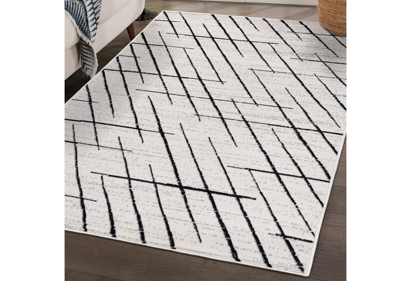 Designteppich Modern Teppich Geometrisch Creme Schwarz - Weich, Pflegeleich, Mazovia, 80 x 150 cm, Geeignet für Fußbodenheizung, Höhe 7 mm, Kurzflor von Mazovia