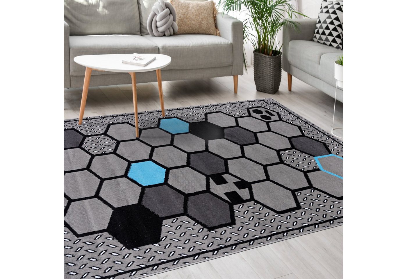 Designteppich Modern Teppich Kurzflor Wohnzimmerteppich Robust und pflegeleicht GRAU, Mazovia, 140 x 200 cm, Fußbodenheizung, Allergiker geeignet, Farbecht, Pflegeleicht, Geometrisch von Mazovia