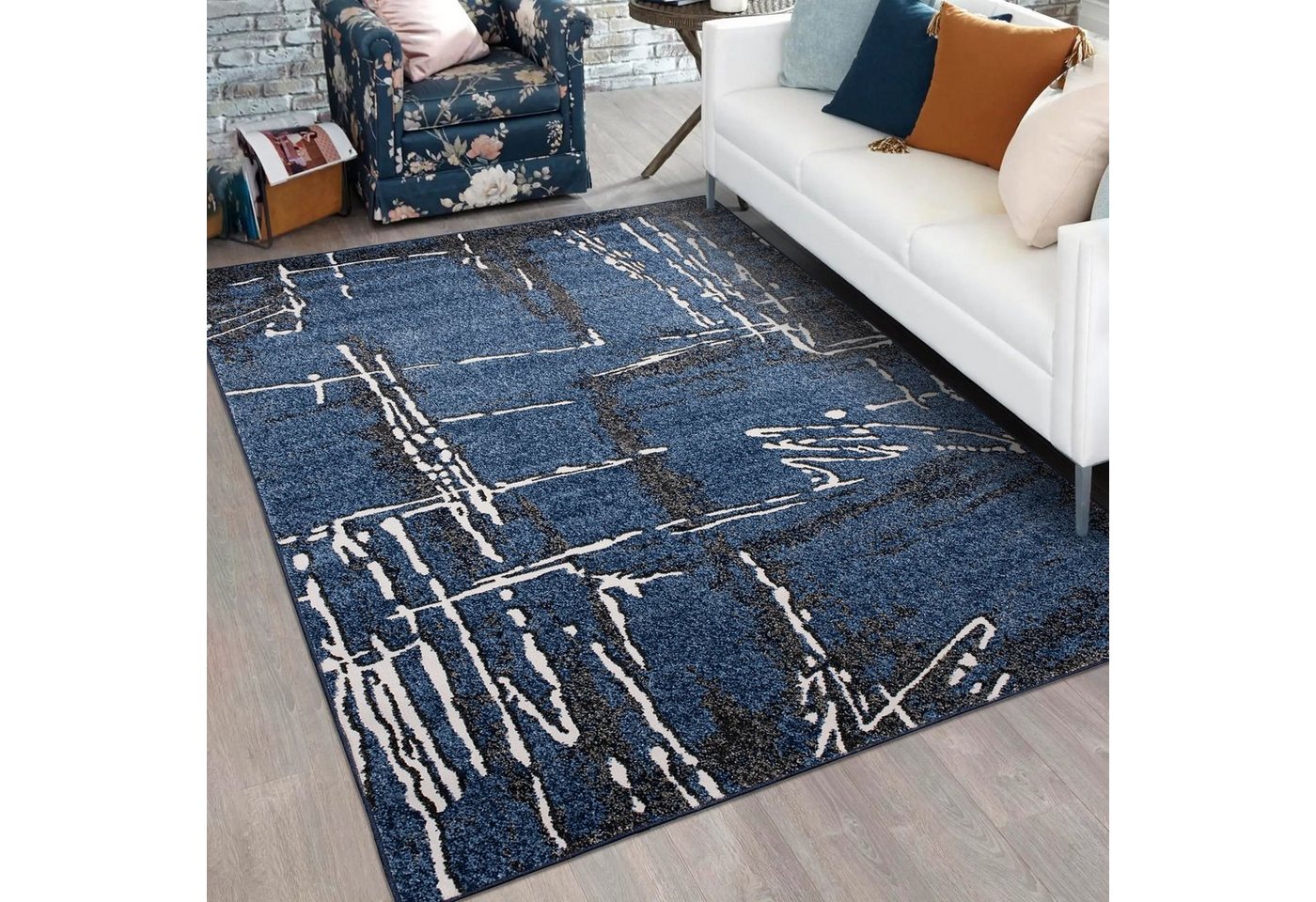 Designteppich Modern Teppich für Wohnzimmer - Abstrakt - Blau Marineblau, Mazovia, 80 x 150 cm, Abstrakt, Modern, Höhe 11 mm, Kurzflor - niedrige Florhöhe, Weich, Pflegeleicht von Mazovia