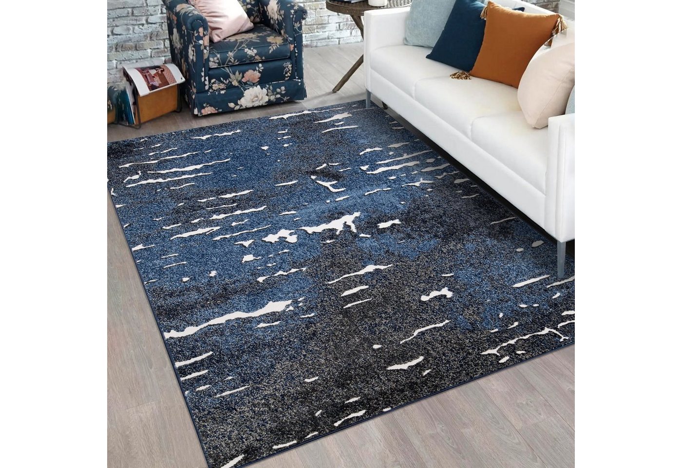 Designteppich Modern Teppich für Wohnzimmer - Abstrakt - Blau Marineblau, Mazovia, 80 x 150 cm, Abstrakt, Modern, Höhe 11 mm, Kurzflor - niedrige Florhöhe, Weich, Pflegeleicht von Mazovia