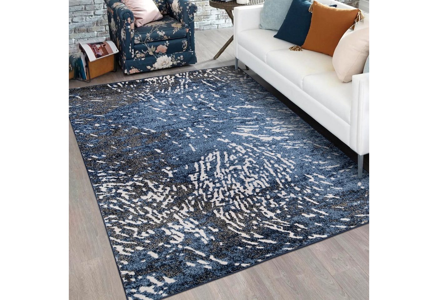 Designteppich Modern Teppich für Wohnzimmer - Abstrakt - Blau Marineblau, Mazovia, 80 x 150 cm, Abstrakt, Modern, Höhe 11 mm, Kurzflor - niedrige Florhöhe, Weich, Pflegeleicht von Mazovia