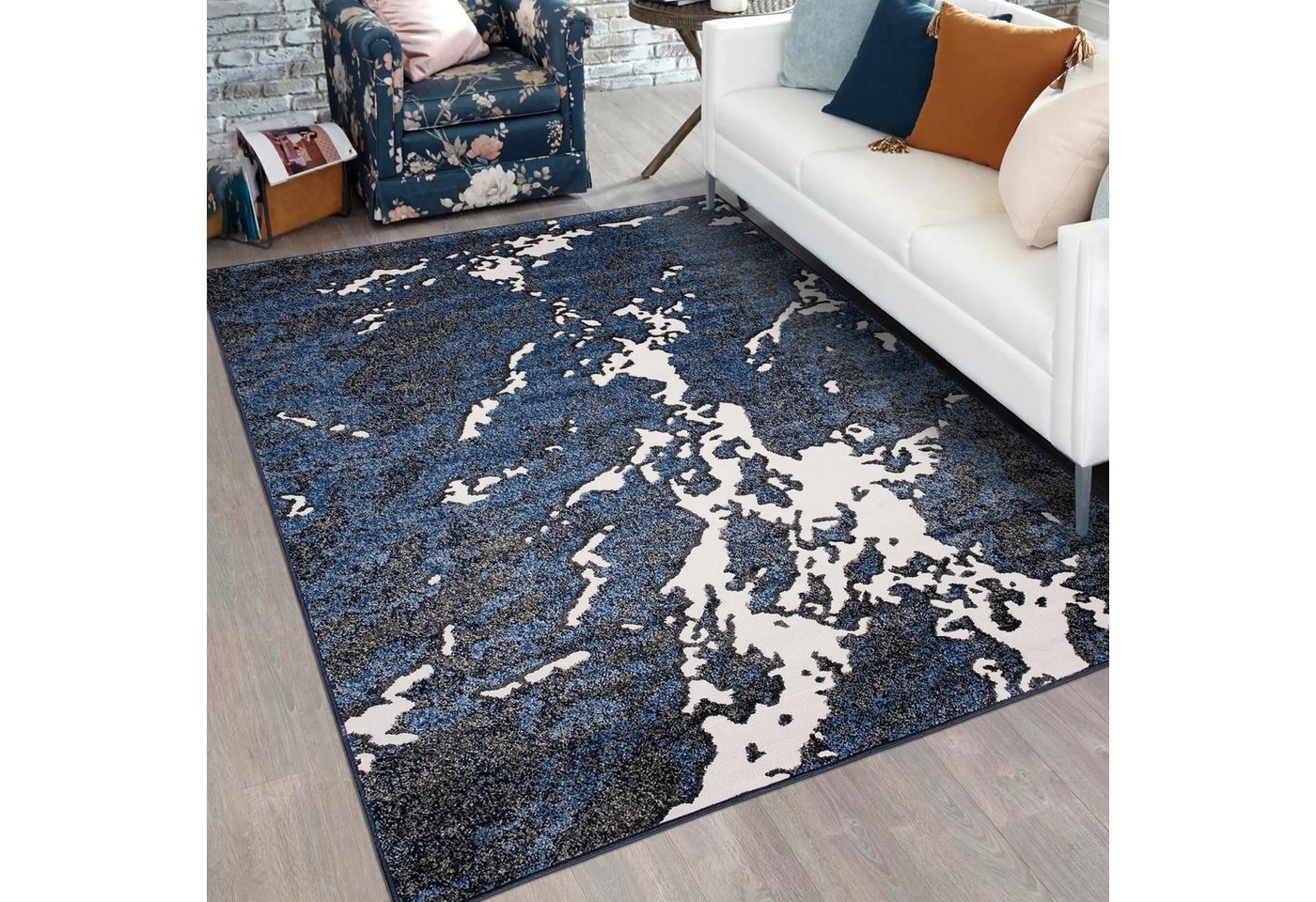 Designteppich Modern Teppich für Wohnzimmer - Abstrakt - Blau Marineblau, Mazovia, 80 x 150 cm, Abstrakt, Modern, Höhe 11 mm, Kurzflor - niedrige Florhöhe, Weich, Pflegeleicht von Mazovia