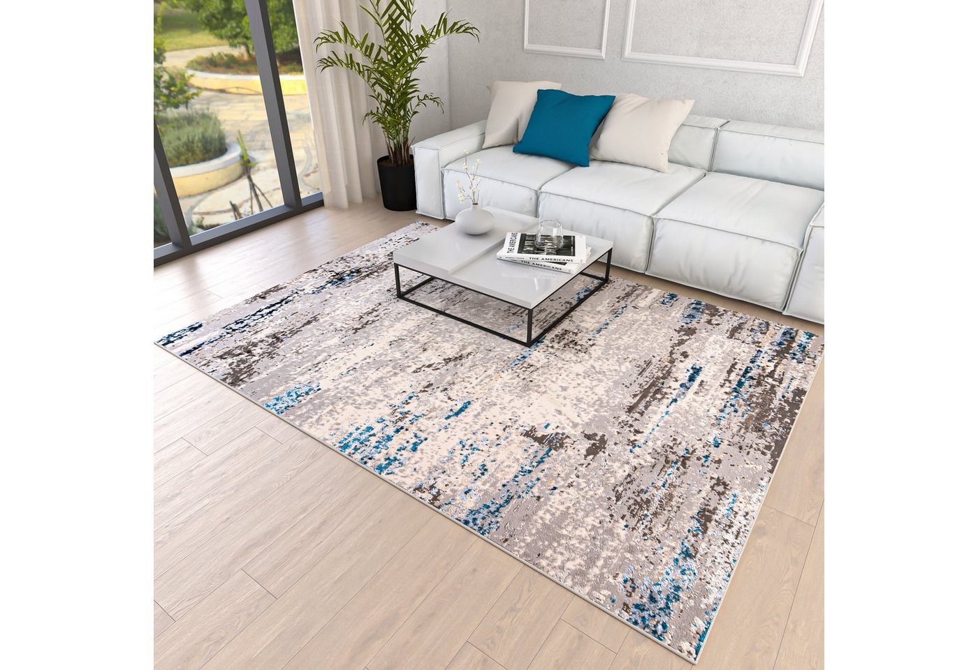 Designteppich Modern Teppich für Wohnzimmer - Abstrakt Muster, Beige Blau Grau, Mazovia, 80 x 150 cm, Abstrakt, Modern, Höhe 8 mm, Kurzflor - niedrige Florhöhe von Mazovia