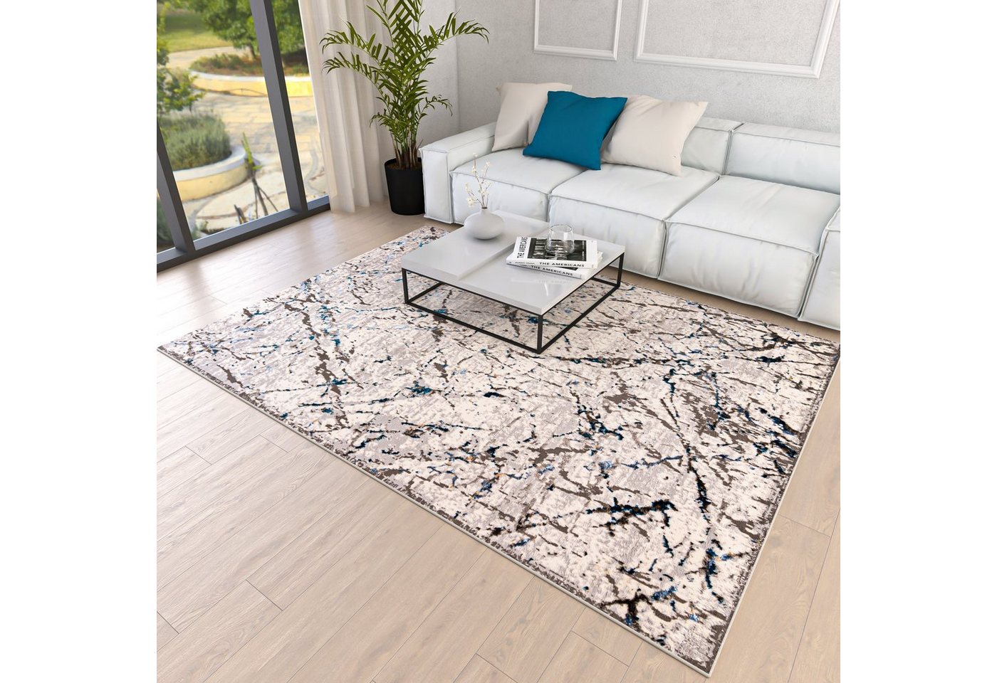 Designteppich Modern Teppich für Wohnzimmer - Abstrakt Muster, Beige Blau Grau, Mazovia, 80 x 150 cm, Abstrakt, Modern, Höhe 8 mm, Kurzflor - niedrige Florhöhe von Mazovia