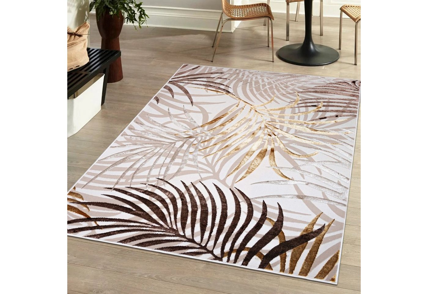 Designteppich Modern Teppich für Wohnzimmer- Beige Creme mit Gold, Mazovia, 80 x 150 cm, Glänzende, Palmenzweige Feder, Modern, Höhe 10 mm, Kurzflor - niedrige Florhöhe, Weich, Pflegeleicht von Mazovia