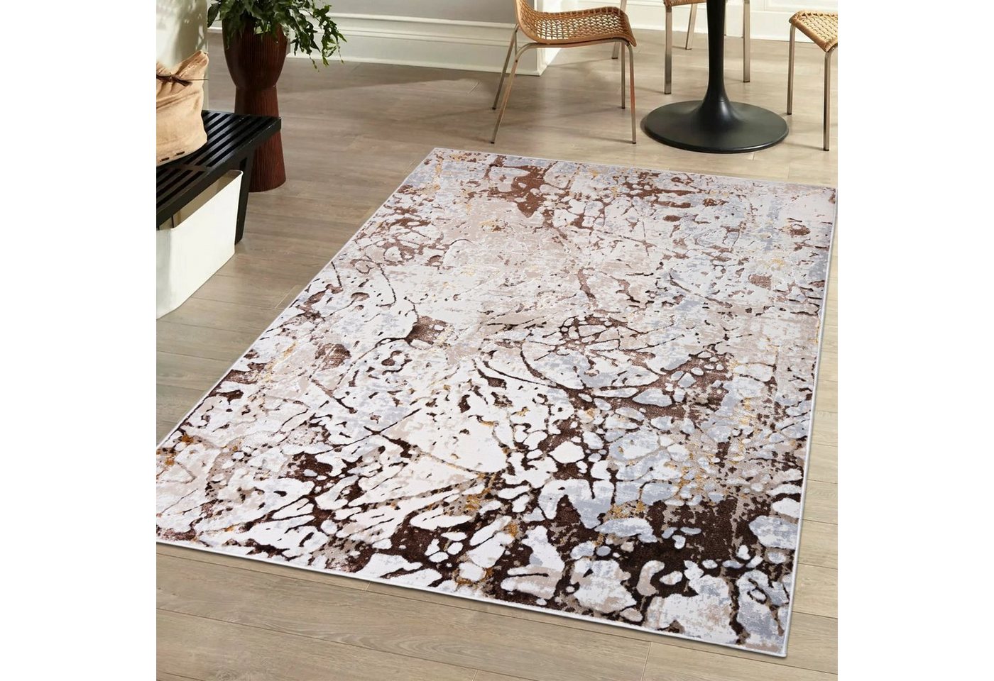 Designteppich Modern Teppich für Wohnzimmer - Beige Creme mit Gold, Mazovia, 80 x 150 cm, Glänzende Abstrakt Marmor, Höhe 10 mm, Kurzflor - niedrige Florhöhe, Weich, Pflegeleicht von Mazovia