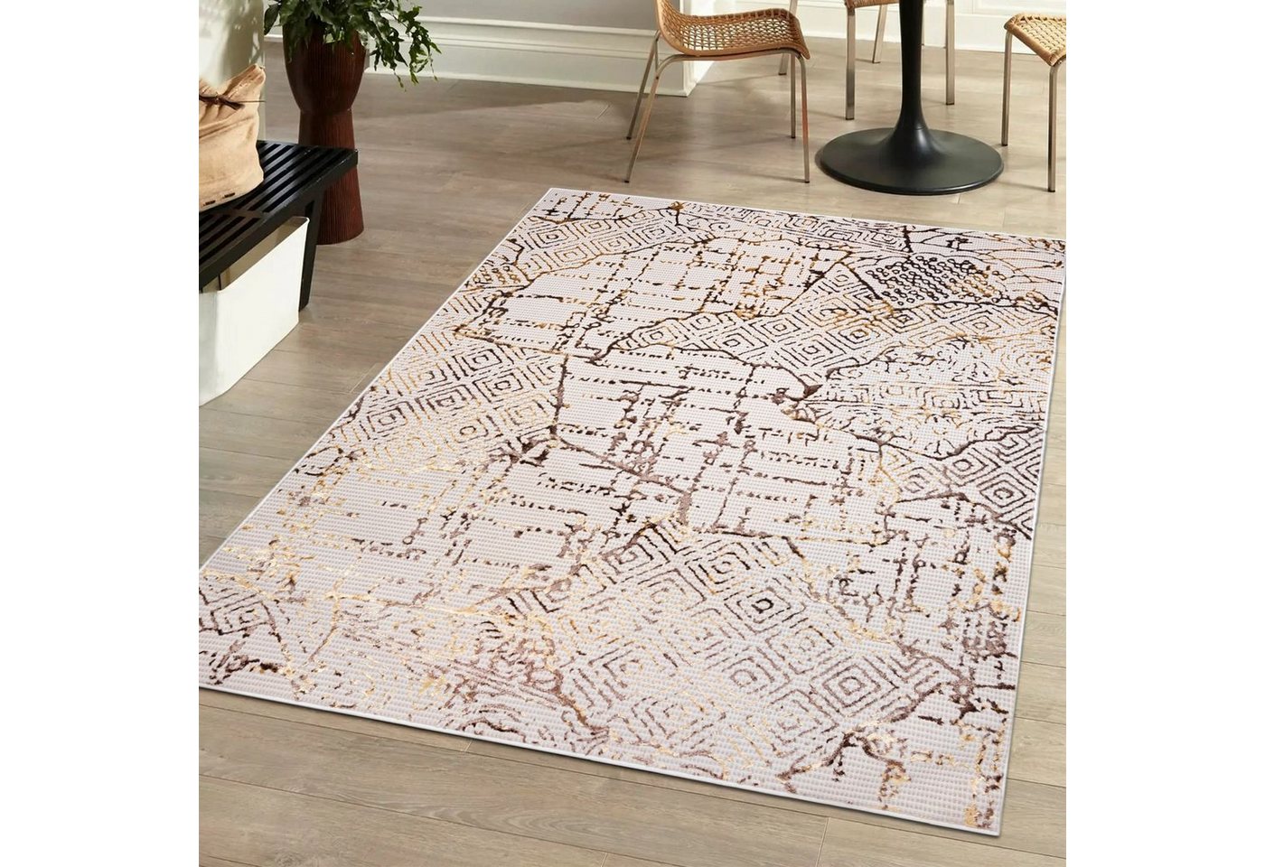 Designteppich Modern Teppich für Wohnzimmer - Glänzende - Beige Creme mit Gold, Mazovia, 80 x 150 cm, Glänzende Abstrakt Marmor, Höhe 10 mm, Kurzflor - niedrige Florhöhe, Weich, Pflegeleicht von Mazovia