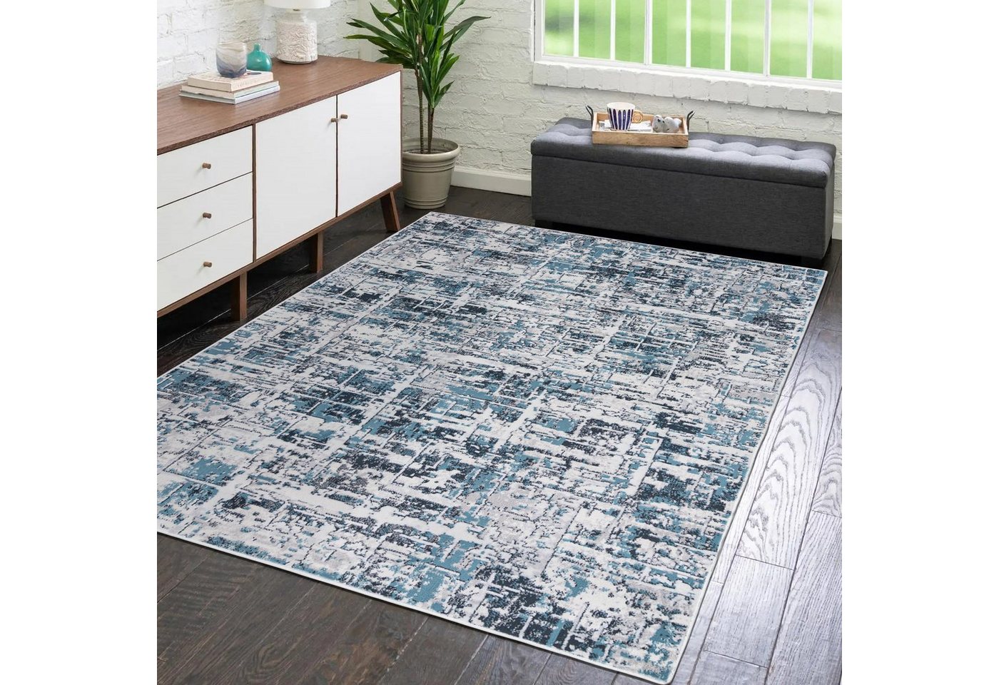 Designteppich Modern Vintage Teppich - Abstrakt Muster Blau - kurzflor, Mazovia, 80 x 150 cm, Wohnzimmer, Geeignet für Fußbodenheizung, Höhe 9 mm, Kurzflor von Mazovia