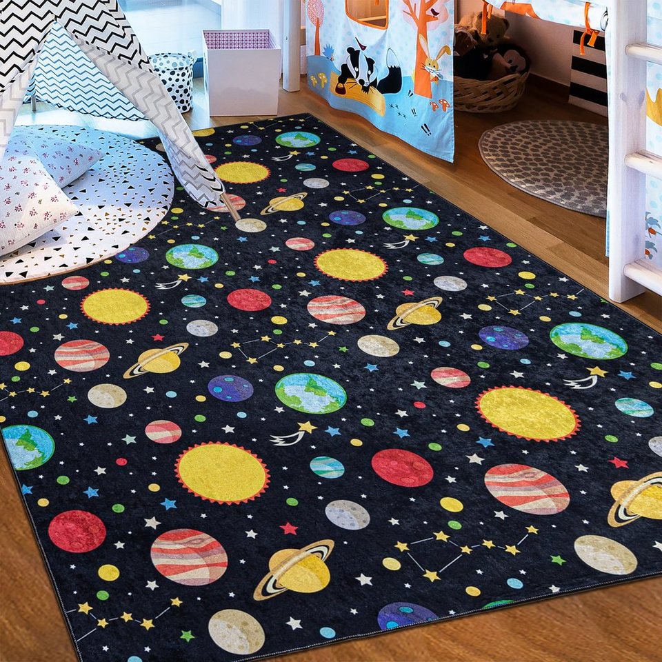 Kinderteppich Kinderteppich Kinderzimmerteppich Planeten Weltraum, Mazovia, 80 x 150 cm, Kurflor, Waschbar in Waschmaschine, Höhe 5 mm, Rutschfest von Mazovia