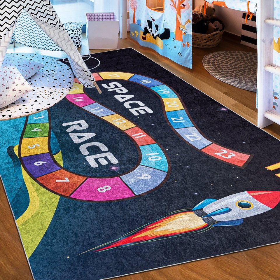 Kinderteppich Kinderteppich Kinderzimmerteppich Planeten Weltraum, Mazovia, 80 x 150 cm, Kurflor, Waschbar in Waschmaschine, Höhe 5 mm, Rutschfest von Mazovia