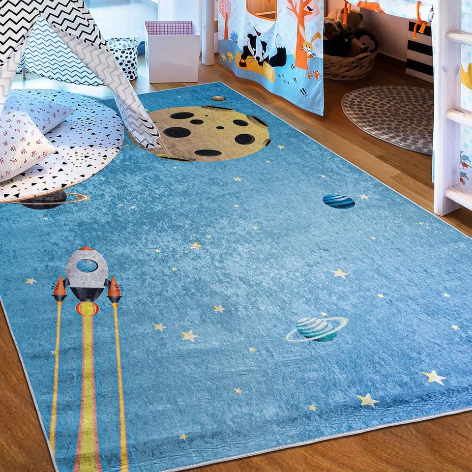 Kinderteppich Kinderteppich Kinderzimmerteppich Planeten Weltraum, Mazovia, 80 x 150 cm, Kurflor, Waschbar in Waschmaschine, Höhe 5 mm, Rutschfest von Mazovia