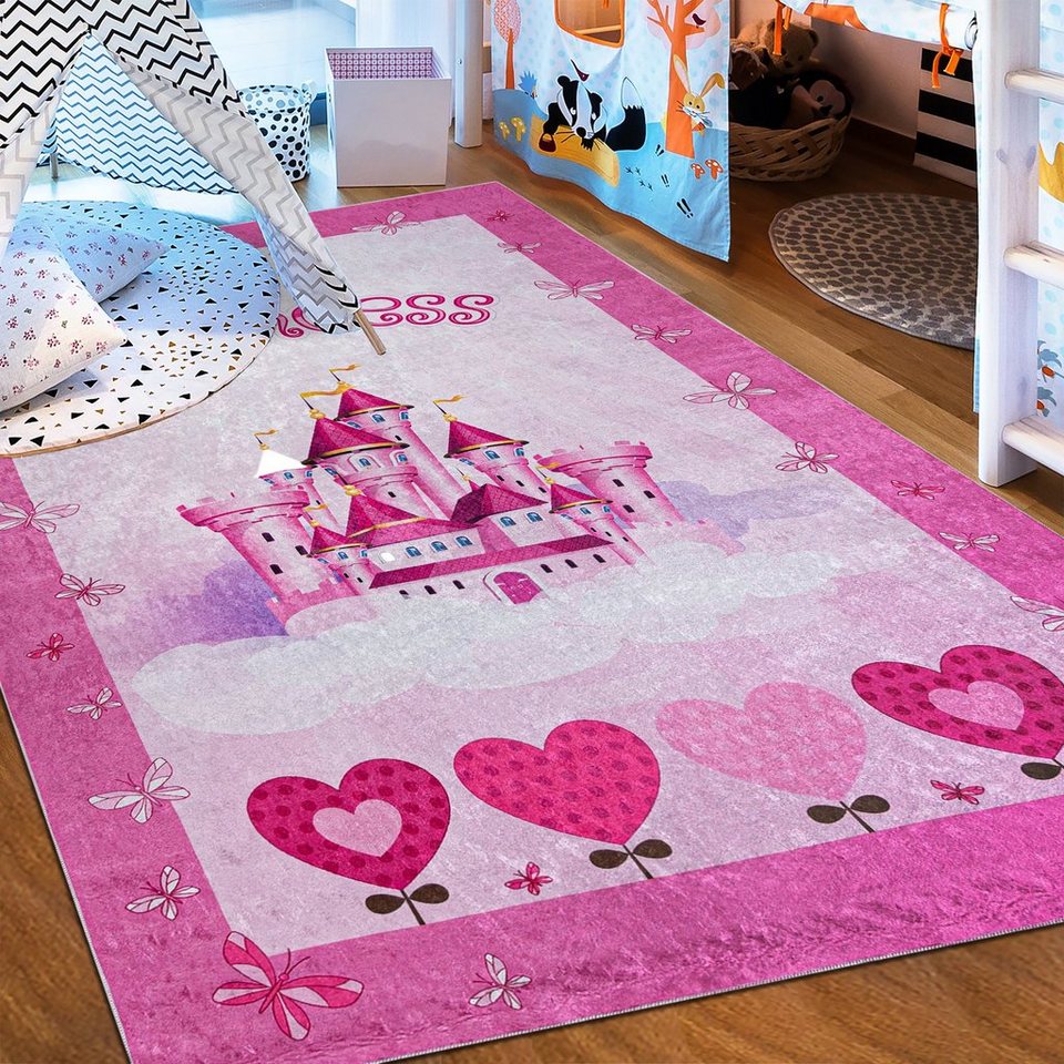 Kinderteppich Kinderteppich Kinderzimmerteppich Prinzessin Schloss, Mazovia, 160 x 230 cm, Kurflor, Waschbar in Waschmaschine, Höhe 5 mm, Rutschfest von Mazovia