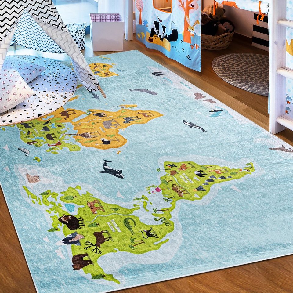 Kinderteppich Kinderteppich Kinderzimmerteppich Spielteppich Weltkarte, Mazovia, 80 x 150 cm, Kurflor, Waschbar in Waschmaschine, Höhe 5 mm, Rutschfest von Mazovia